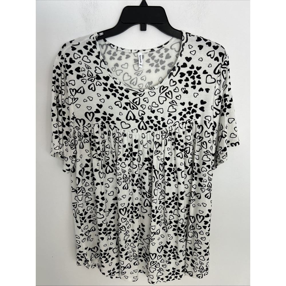 Tencede Women's 2XL Short Sleeve Round Neck White Black Hearts Soft Comfy Blouse